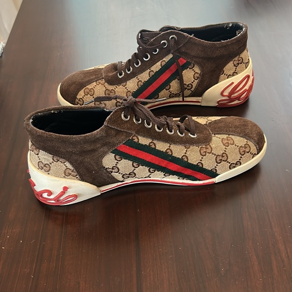 Gucci High Top Brown Canvas Sneaker Men’s Size 10 Authentic - Picture 12 of 16